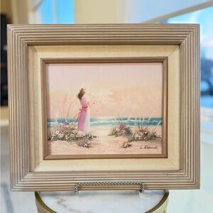 Original Oil Painting Coastal Framed Art – Woman at Beach – Signed L. Keswick